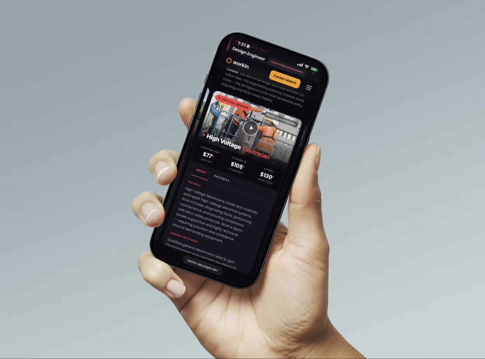 The workin app open on a phone, showing a career role card